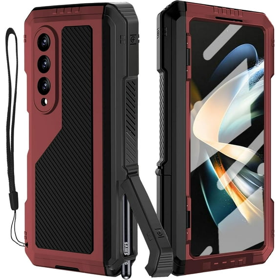 for Samsung Galaxy Z Fold 6 Metal Case with S Pen Holder, Military Rugged Heavy Duty Z Fold6 Case Built in Screen Protector Full-Body Drop Protection Kickstand Phone Case for Z Fold 6 - Red