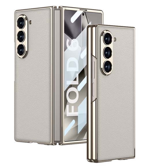 for Samsung Galaxy Z Fold 6 PU Leather Case with Screen Protector, Luxury PU Leather with Hard Plating PC Full Body Shockproof Protective Case Cover for Samsung Galaxy Z Fold 6, Titanium