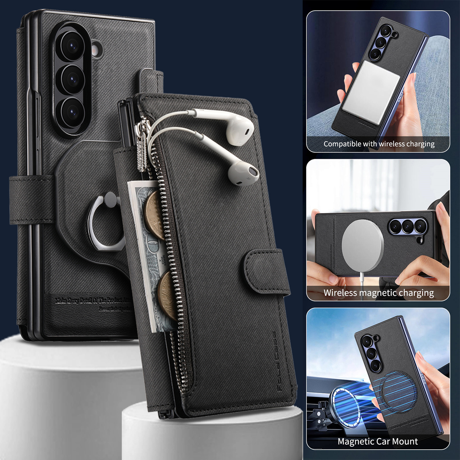 For Samsung Galaxy Z Fold 6 Phone Case,2-in-1 Magnetic Detachable Flip,Flip Folding Kickstand,With Card Slots,Zipper Pocket,Ring Holder,Fit Wireless charging,Shockproof Phone Case,Black