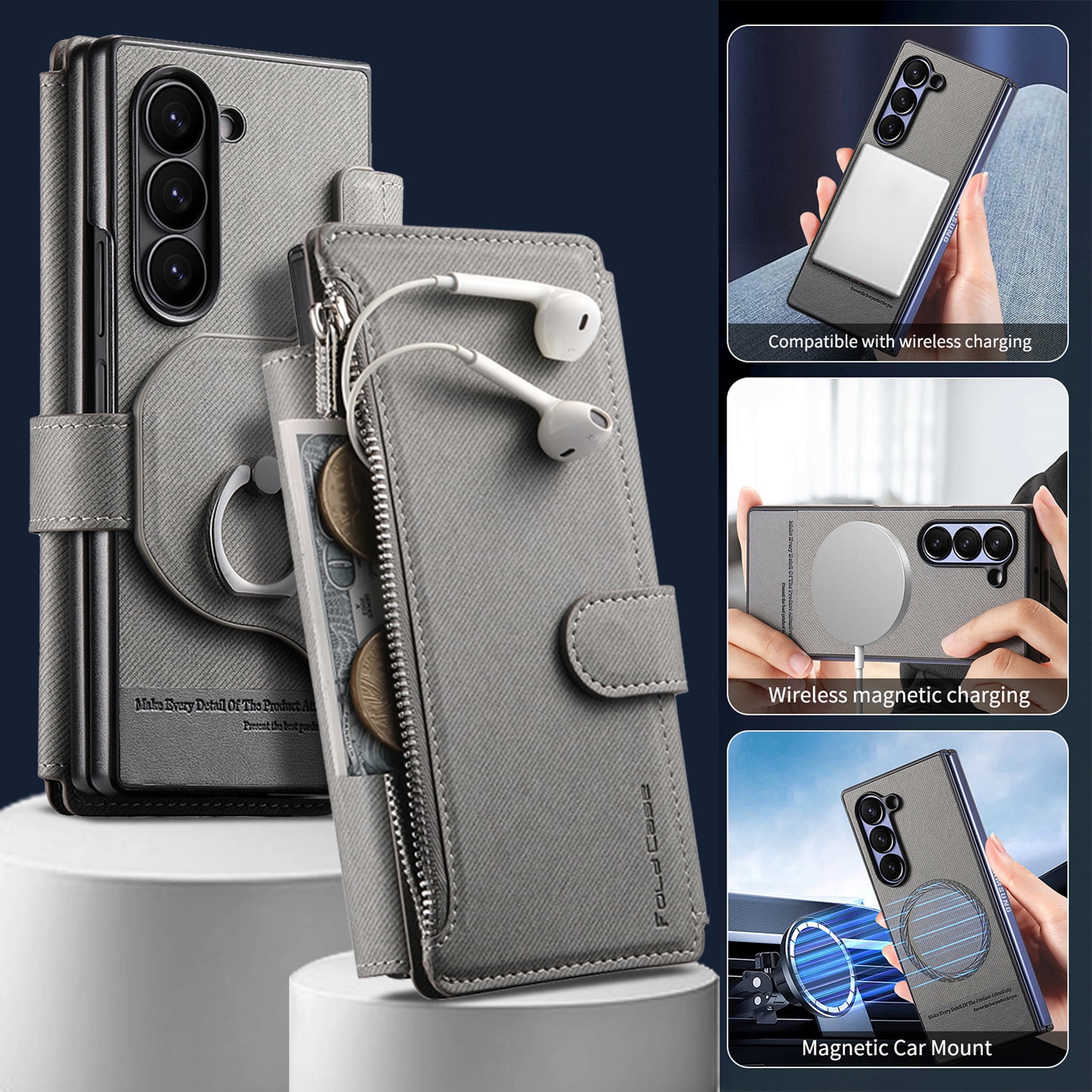 For Samsung Galaxy Z Fold 6 Phone Case,2-in-1 Magnetic Detachable Flip,Flip Folding Kickstand,With Card Slots,Zipper Pocket,Ring Holder,Fit Wireless charging,Shockproof Phone Case,Gray