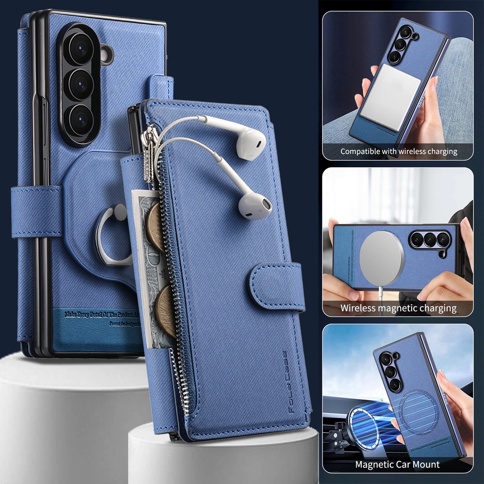 For Samsung Galaxy Z Fold 6 Phone Case,2-in-1 Magnetic Detachable Flip,Flip Folding Kickstand,With Card Slots,Zipper Pocket,Ring Holder,Fit Wireless charging,Shockproof Phone Case,Blue