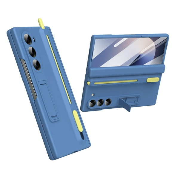 For Samsung Galaxy Z Fold 6 Phone Case,With Retractable Kickstand,Stylus Slot,Shockproof Rugged Drop-proof Phone Case Cover With Screen Protector(Tempered Film)&Stylus,Skyblue