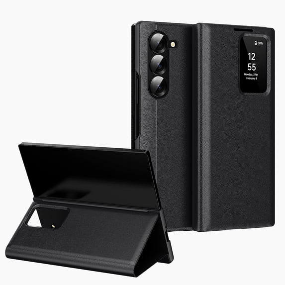 for Samsung Galaxy Z Fold 6 Smart Wallet Phone Case, Protective Cover with Smart Small Screen View, Finger Tap Control, Slim Design, Card Holder Pocket, PU Leather Flip Cover, Black