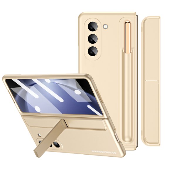for Samsung Galaxy Z Fold 6 Stylish Folding Case, Magnetic Removable Invisible Bracket, Magnetic Removable S Pen Holder and S Pen Shockproof Folding Case with Screen Protector, Beige