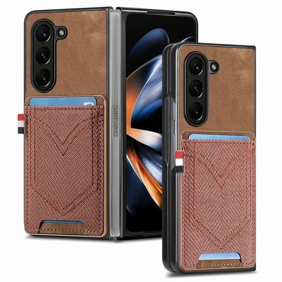 for Samsung Galaxy Z Fold 6 Vintage Denim Pattern PU Leather Wallet Case, with Card Slots Holder Full Coverage TPU Bumper Shockproof Protection Case for Samsung Galaxy Z Fold 6, Brown