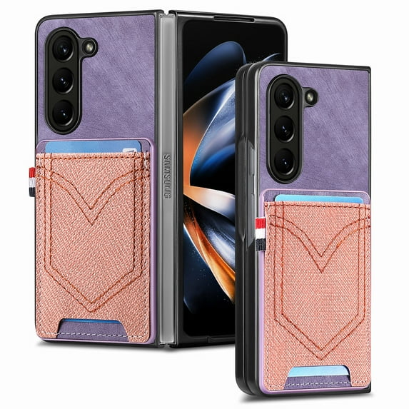 for Samsung Galaxy Z Fold 6 Vintage Denim Pattern PU Leather Wallet Case, with Card Slots Holder Full Coverage TPU Bumper Shockproof Protection Case for Samsung Galaxy Z Fold 6, Purple