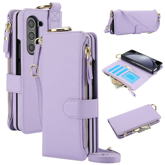 for Samsung Galaxy Z Fold 6 Wallet Case with Card Holder - PU Leather Case Detachable Crossbody Strap & Wristband & Secure Ring, Shockproof Protective RFID Blocking Zipper Purse Phone Cover, Violet