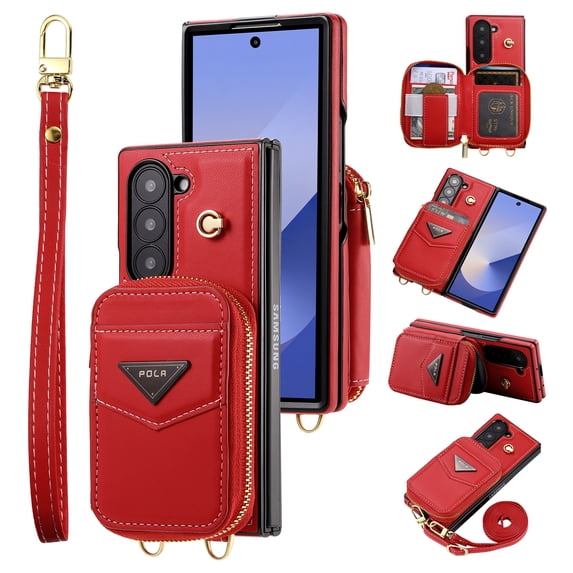 for Samsung Galaxy Z Fold 6 Wallet Case Crossbody Strap, Zipper Pocket Phone Case with Card Holder Wrist Strap Purse Stand Cover for Women Girls Compatible with Samsung Galaxy Z Fold 6, Red