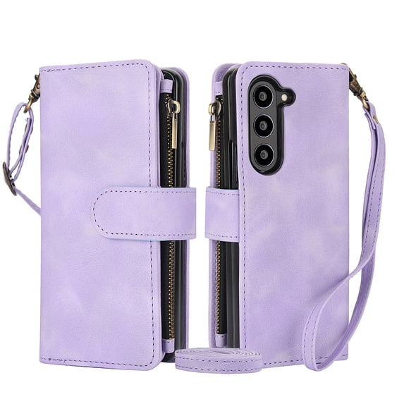 for Samsung Galaxy Z Fold 6 Wallet Case, For Samsung Z Fold 5 Fold 4 Fold 3 Soft Leather Kickstand Card Holder Zipper Shockproof Flip 360 Protective Cover with Lanyard