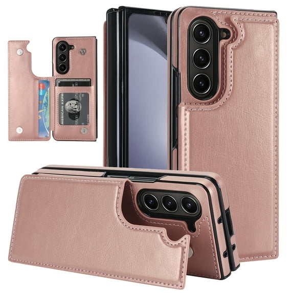 for Samsung Galaxy Z Fold 6 Wallet Case, Luxury PU Leather Case with Card Slots Double Magnetic Buttons Flip Folio Stand Case Cover Shockproof Anti-Scratch Case for Samsung Galaxy Z Fold 6, Rosegold