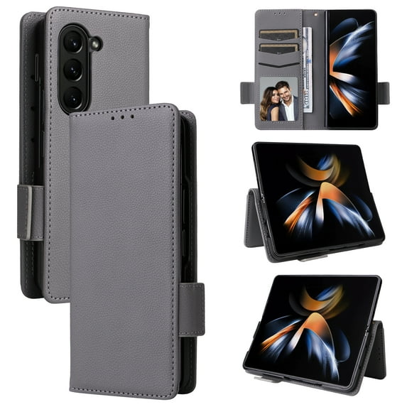 for Samsung Galaxy Z Fold 6 Wallet Case with RFID Blocking Credit Card Holder, Lichee Patterned Luxury PU Leather Folio Flip Kickstand Protective Shockproof Cover Women Men Phone Case,Gray
