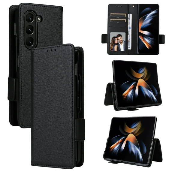 for Samsung Galaxy Z Fold 6 Wallet Case with RFID Blocking Credit Card Holder, Lichee Patterned Luxury PU Leather Folio Flip Kickstand Protective Shockproof Cover Women Men Phone Case,Black