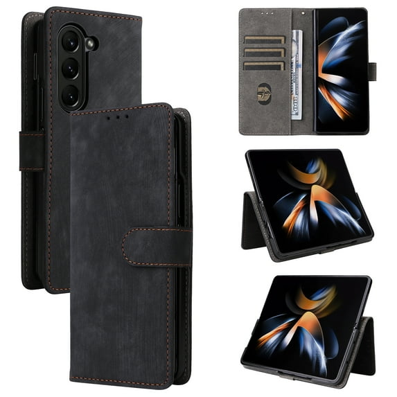 for Samsung Galaxy Z Fold 6 Wallet Case with RFID Blocking Credit Card Holder, PU Leather Wrist Strap Flip Kickstand Shockproof Cover Women Men for Samsung Galaxy Z Fold 6, Black