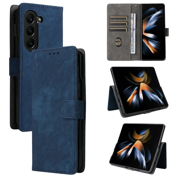 for Samsung Galaxy Z Fold 6 Wallet Case with RFID Blocking Credit Card Holder, PU Leather Wrist Strap Flip Kickstand Shockproof Cover Women Men for Samsung Galaxy Z Fold 6, Blue