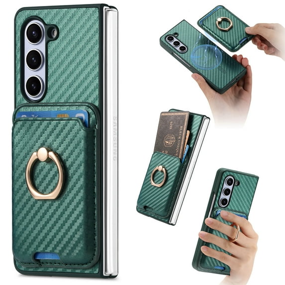 for Samsung Galaxy Z Fold 6 Wallet Case with Ring Holder and Detachable Credit Card Slots, Carbon Fiber Texture Magnetic Kickstand Shockproof Protective Cover for Samsung Galaxy Z Fold 6, Green