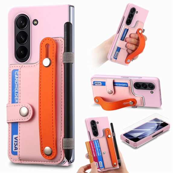 for Samsung Galaxy Z Fold 6 Wallet Case with S Pen Slot & Wristband Bracket, Built-in Tempered Glass Screen Protector Card Holder Anti-drop Matte Skin Friendl Hard PC Shockproof Cover, Pink