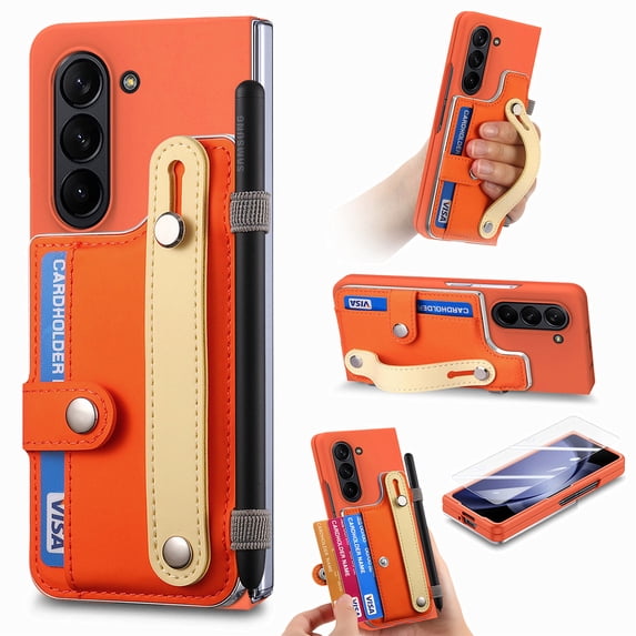 for Samsung Galaxy Z Fold 6 Wallet Case with S Pen Slot & Wristband Bracket, Built-in Tempered Glass Screen Protector Card Holder Anti-drop Matte Skin Friendl Hard PC Shockproof Cover, Orange