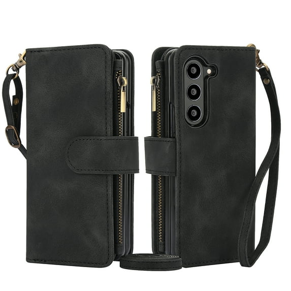 for Samsung Galaxy Z Fold 6 Wallet Case for Women Girls, RFID Blocking Credit Card Slots PU Leather Purse Case with Crossbody Strap Wristlet Magnetic Folio Stand Cover for Galaxy Z Fold 6, Black