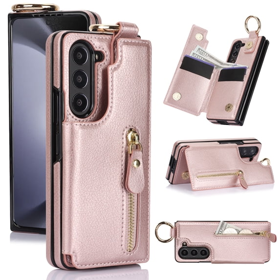 for Samsung Galaxy Z Fold 6 Wallet Case with Zipper and Credit Card Holder, Cash Slots, Premium PU Leather Magnetic Clasp Kickstand Heavy Duty Ring Protective Phone Case Cover, Rosegold