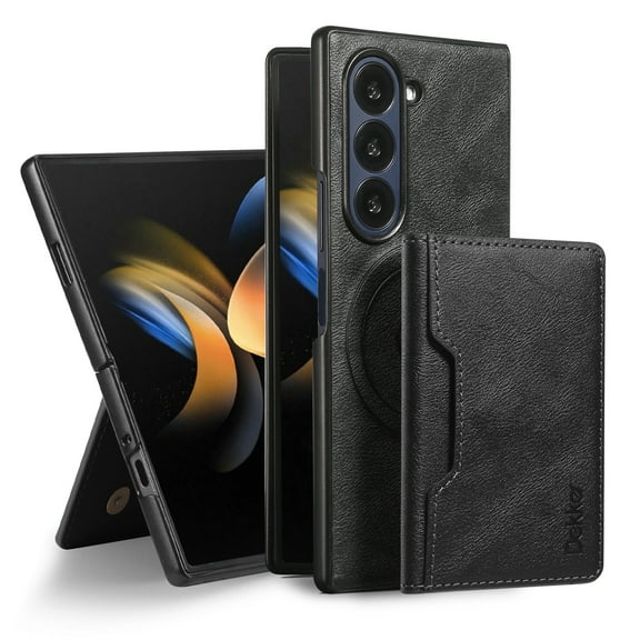 For Samsung Galaxy Z Fold 6 Wallet Phone Case,2-in-1 Magnetic Detachable Card Holder,Compatible with Mag-Safe,With Card Slots,Kickstand,PU Leather Anti-Drop Shockproof Phone Case,Black