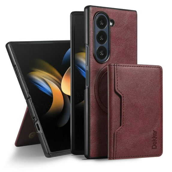 For Samsung Galaxy Z Fold 6 Wallet Phone Case,2-in-1 Magnetic Detachable Card Holder,Compatible with Mag-Safe,With Card Slots,Kickstand,PU Leather Anti-Drop Shockproof Phone Case,Winered