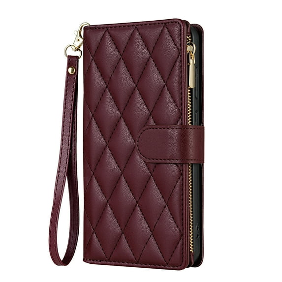for Samsung Galaxy Z Fold 6 Wallet case with Card Holder,Phone case RFID Blocking PU Leather Flip Shockproof Cover with Hand Strap Zipper Credit Card Holder Slots for Women Men,Winered
