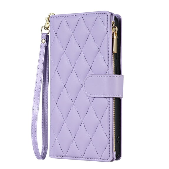for Samsung Galaxy Z Fold 6 Wallet case with Card Holder,Phone case RFID Blocking PU Leather Flip Shockproof Cover with Hand Strap Zipper Credit Card Holder Slots for Women Men,Purple