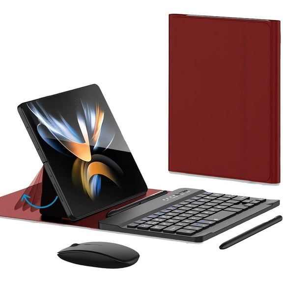 for Samsung Galaxy Z Fold 7 6 5 4 3 Shockproof Case With Keyboard and Mouse, Portable Bluetooth Keyboard with Leather Case and Capacitive Pen, 4 in 1 Set for Z Fold7 6 5 4 3 Accessories,Red