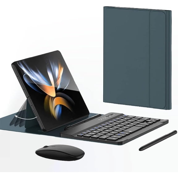 for Samsung Galaxy Z Fold 7 6 5 4 3 Shockproof Case With Keyboard and Mouse, Portable Bluetooth Keyboard with Leather Case and Capacitive Pen, 4 in 1 Set for Z Fold7 6 5 4 3 Accessories,Green