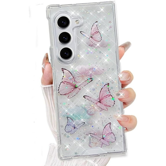 for Samsung Galaxy Z Fold 7 Bling Case, Shockproof Glitter Crystal Clear Cute Sparkle Soft TPU Bumper PC Protective Phone Cover for Women Girls for Samsung Galaxy Fold 7 5G, Pink Butterfly