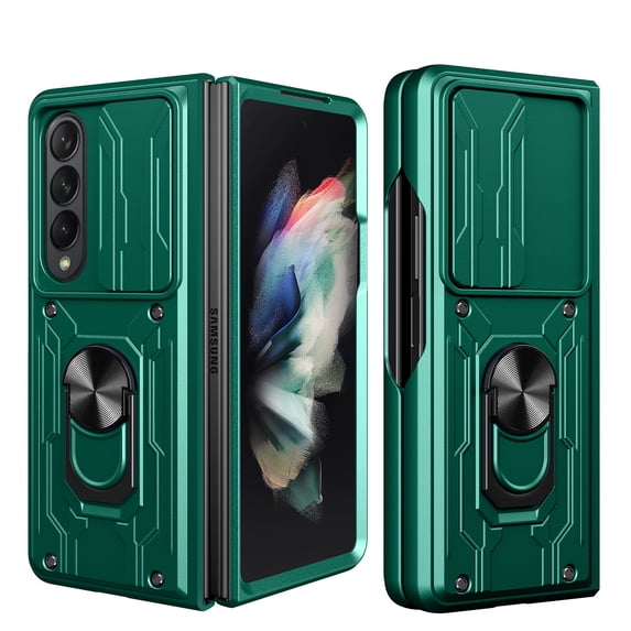 For Samsung Galaxy Z Fold 7 Case with Camera Lens Slide Cover, Detachable Card Slot Holder Ring Kickstand, Support Magnet Car Mount, Heavy Duty Military Grade Protection Phone Cover, Green
