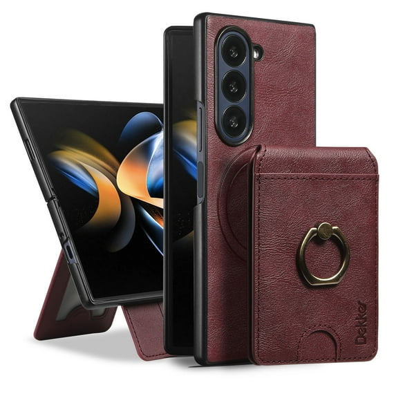 for Samsung Galaxy Z Fold 7 Case with Credit Card Holder, for Samsung Galaxy Z Fold 7 Phone PU Leather Case Wallet for Women Wallet Finger Ring Magnetic Detachable 2-in-1 for Men - Winered