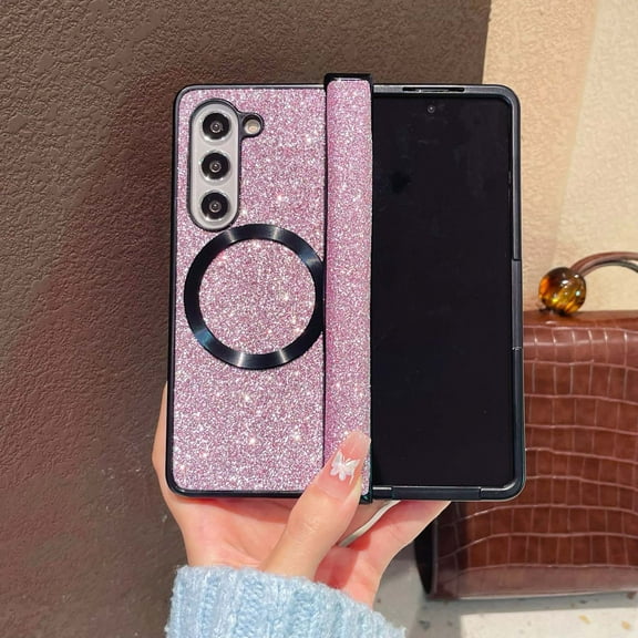 for Samsung Galaxy Z Fold 7 Case for Girls & Women, Luxury Bling Glitter Sparkly Protective Cover with Hinge Protection Magnetic Shockproof Stylish Slim Fit Lightweight Phone Case, Pink