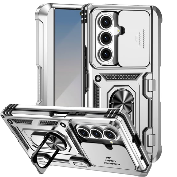 For Samsung Galaxy Z Fold 7 Case Heavy Duty Military Grade Protection,Camera Lens Slide Protection & 360°Rotate Magnetic Car Mount Holder Kickstand Rugged Shockproof Drop Hard Shell,Silver