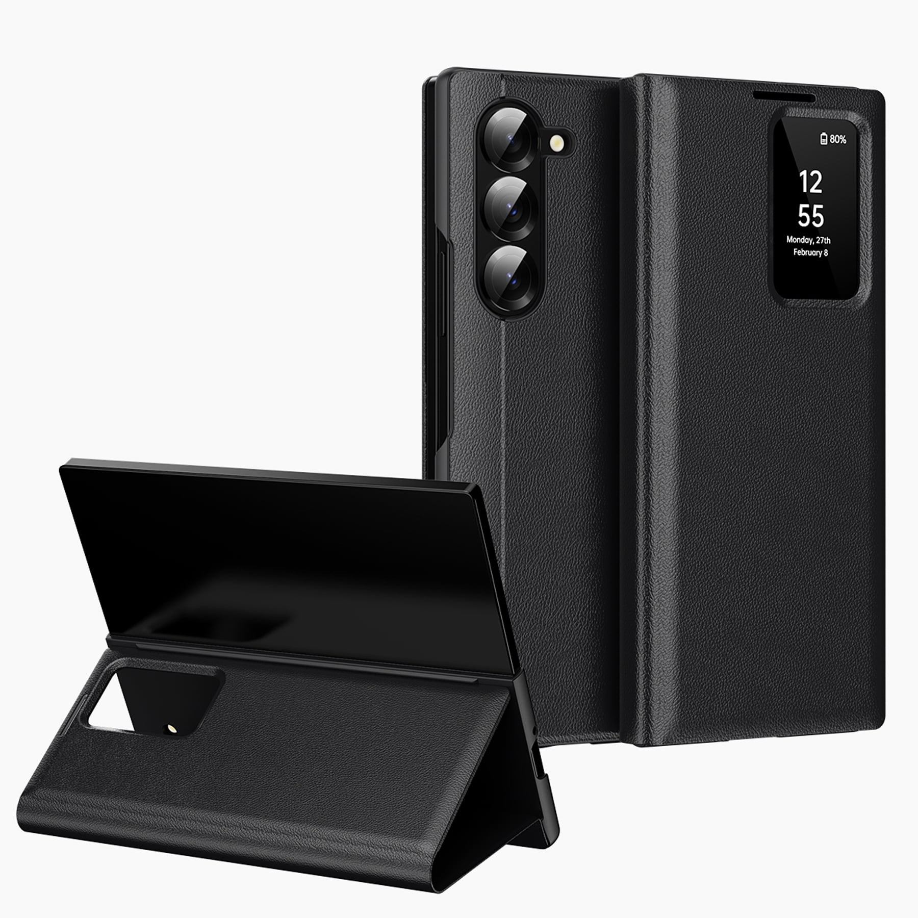 For Samsung Galaxy Z Fold 7 Case PU Leather Flip Case,With Intelligent Window,With Card Holder,Anti-fall Rugged Shockproof Protective Phone Case Cover for Samsung Galaxy Z Fold 7,Black