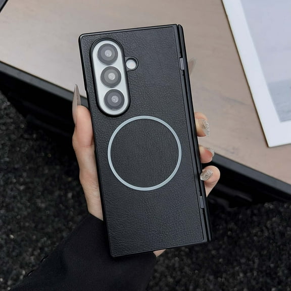 for Samsung Galaxy Z Fold 7 Case, PU Leather + PC Hybrid Protective Cover with Hinge Protection, Compatible with MagSafe, Shockproof Lightweight Ultra Slim Anti-Scratch Phone Case, Black