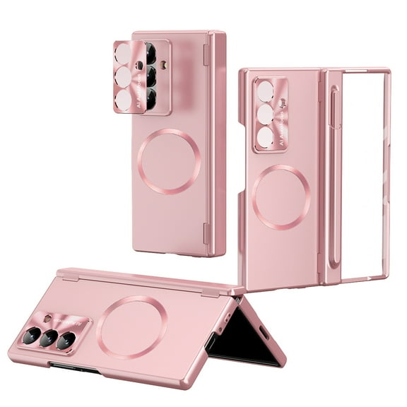 for Samsung Galaxy Z Fold 7 Case – Phone Case with Built-in Screen Protector & Pen Stylus, Dual-Hinge Protection: Magnetic Hinge + Pen Slot Hinge, Rugged Shockproof Phone Cover, Pink