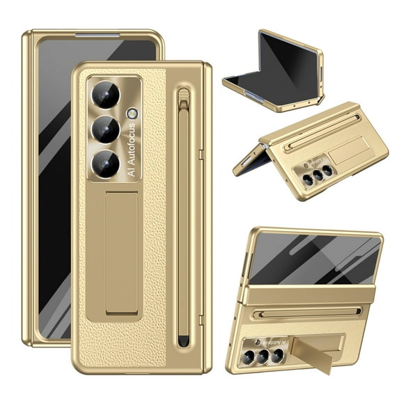 for Samsung Galaxy Z Fold 7 Case, with Stylus + Stylus Holder + Tempered Glass Screen Protector, All-Inclusive PU Leather Plating PC Hinge Protection Case for Samsung Galaxy Z Fold 7, Gold