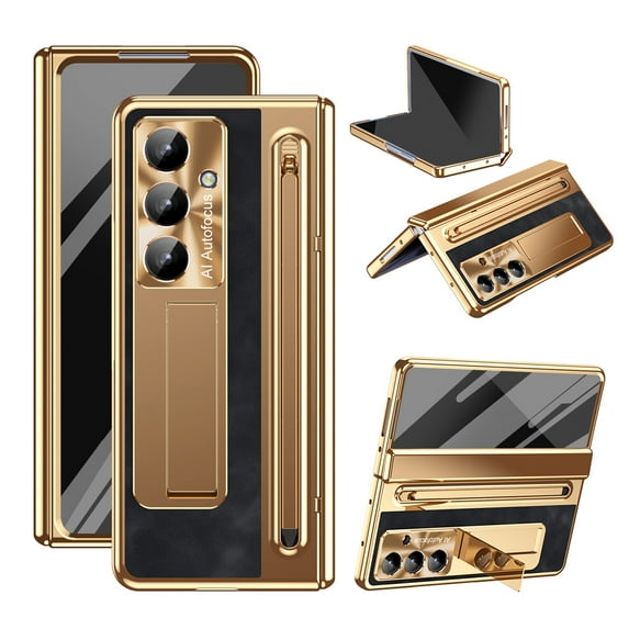 for Samsung Galaxy Z Fold 7 Case, with Stylus + Stylus Holder + Tempered Glass Screen Protector, All-Inclusive PU Leather Plating PC Hinge Protection Case for Samsung Galaxy Z Fold 7, Dark Gold+Black