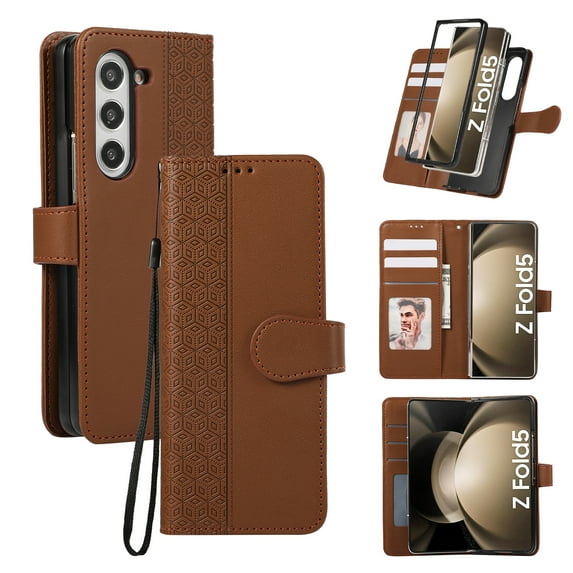 for Samsung Galaxy Z Fold 7 Classic PU Leather Case, Magnetic Closure Vintage Card Slots Wallet Case Wrist Strap Embossed Kickstand Full Body Protection Phone Cover for Samsung Galaxy Z Fold 7, Brown