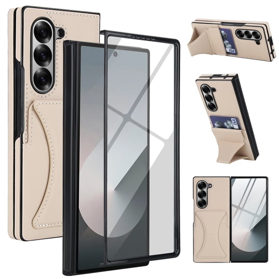 For Samsung Galaxy Z Fold 7 Cover Hidden Kickstand Card Slot Wallet Case with Tempered Glass Screen Film Design Heavy Duty Protection Shockproof Phone Case for Samsung Galaxy Z Fold 7,Apricot