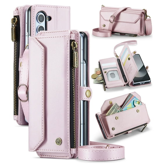 for Samsung Galaxy Z Fold 7 Full Body Protection Wallet Folio Flip Case, Shoulder Strap & Wristlet Card Slots Zipper Pocket RFID Blocking Rugged Durable PU Leather Phone Case Cover, Pink