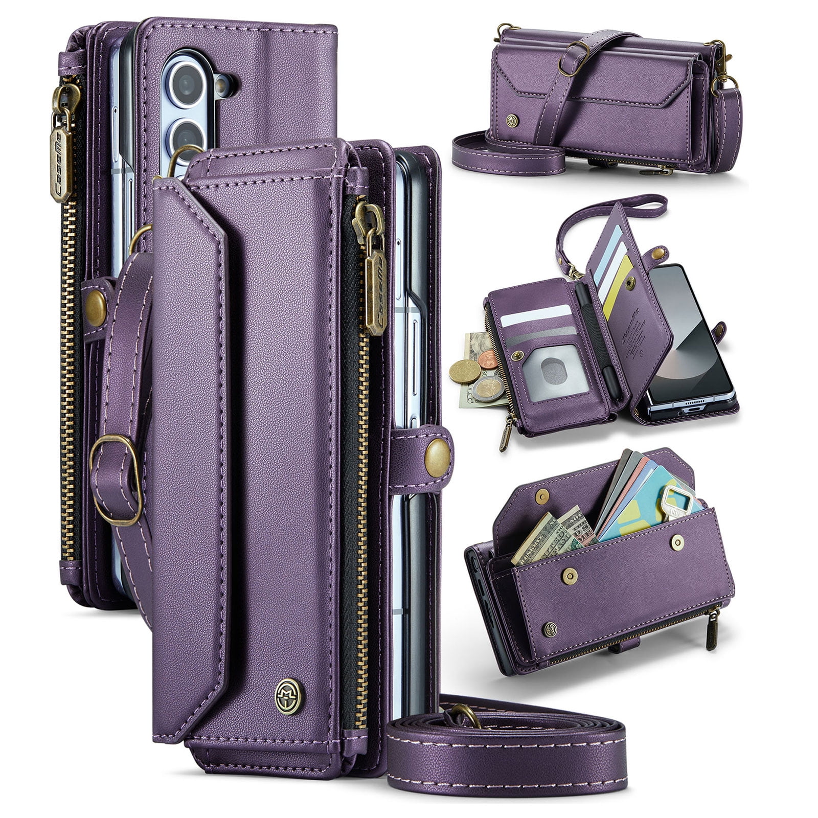 for Samsung Galaxy Z Fold 7 Full Body Protection Wallet Folio Flip Case, Shoulder Strap & Wristlet Card Slots Zipper Pocket RFID Blocking Rugged Durable PU Leather Phone Case Cover, Purple