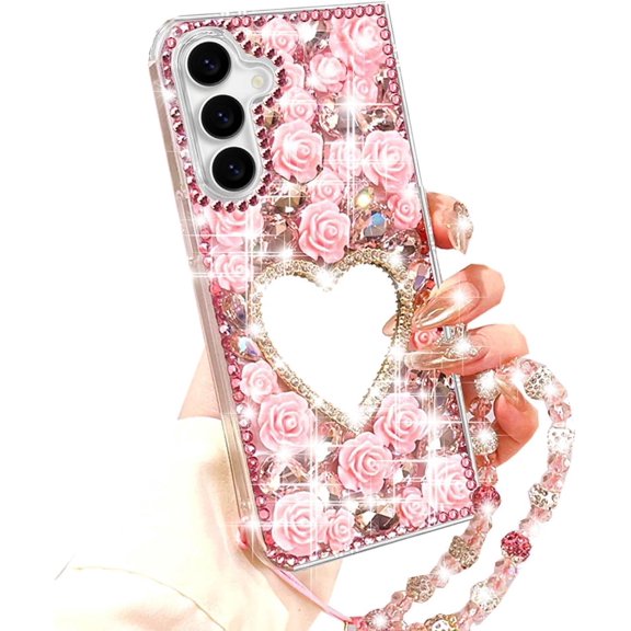 for Samsung Galaxy Z Fold 7 Glitter Bling Case,Cute 3D Sparkle Heart Makeup Mirror Crystal Rhinestones Flowers Diamond Gems with Lanyard Wrist Strap Women Girls Case for Galaxy Z Fold 7, Pink