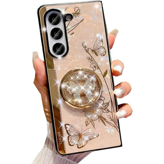 for Samsung Galaxy Z Fold 7 Kickstand Case,Cute Glitter Bling Rhinestone Diamond Butterfly with Ring Stand Marble Shell Shockproof Protective Cover for Women Girls for Galaxy Z Fold 7 5G,Gold