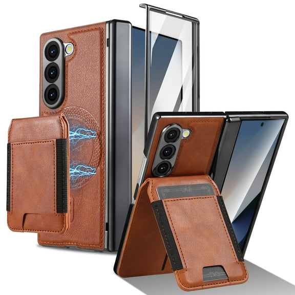 For Samsung Galaxy Z Fold 7 Leather Case, Built-in Magnetic Removable 2 in 1 Card Holder & Screen Protector & Hinge Protection & Screen Protector film, Wallet Rugged Protective Phone Case,Brown