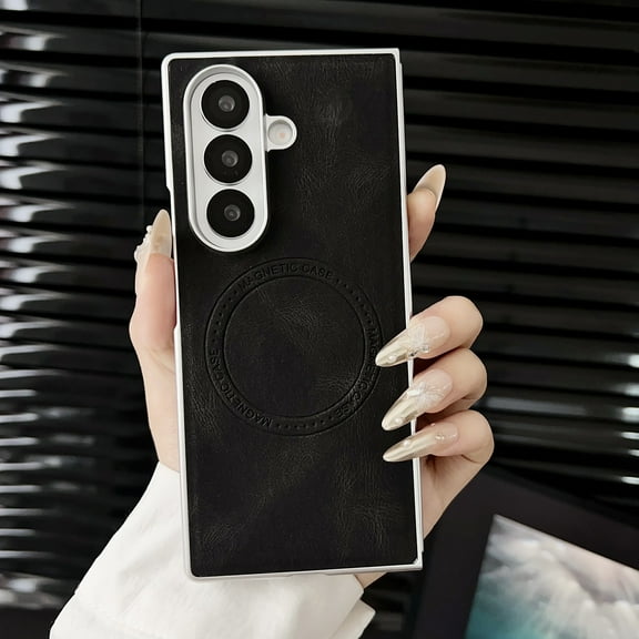 for Samsung Galaxy Z Fold 7 Leather Case, [Compatible with MagSafe] PU Leather + Hard PC Shell Slim Durable Protective Wireless Charging Phone Case Cover for Samsung Galaxy Z Fold 7, Black