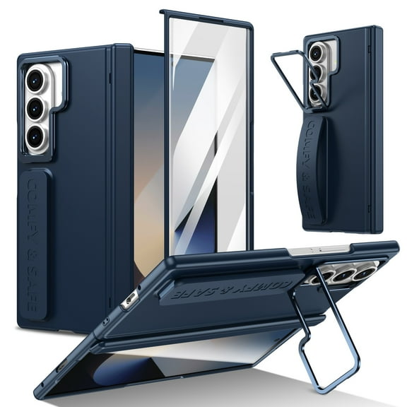 For Samsung Galaxy Z Fold 7 with Lens Folded Kickstand, Shockproof Full-body Case Built-in Tempered Glass Screen Protector Rugged Wristband Grip Magnetic Hinge Protection Cover,Darkblue