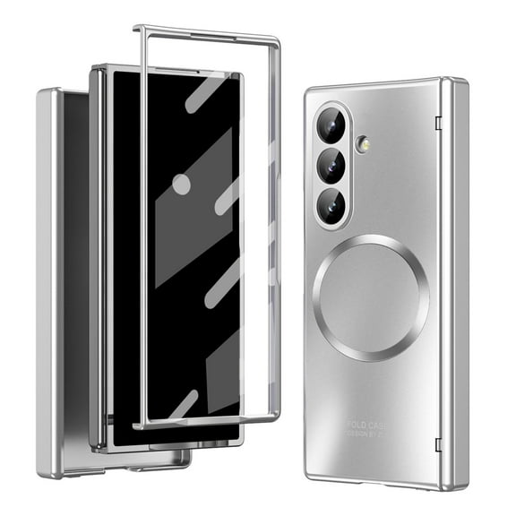 For Samsung Galaxy Z Fold 7 Magnetic Phone Case,Compatible with Mag-Safe,Built-in Screen Protector,Hinge Protector,Glossy Anti-Scratch Shockproof Protection Rugged Slim Phone Case,Silver
