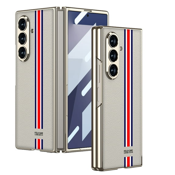 for Samsung Galaxy Z Fold 7 PU Leather Case with Built-in Screen Protector, Plating Frame Full Body Shockproof Protective Case Cover for Samsung Galaxy Z Fold 7, Limited Edition Off-White